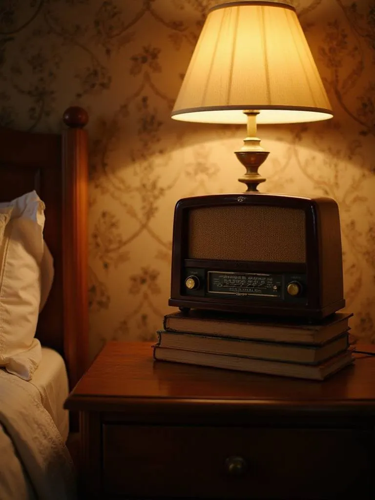 Vintage bedroom with a classic Bakelite radio on a bedside table.