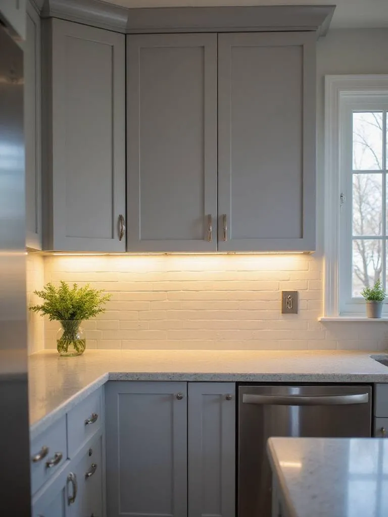 Small kitchen with bright under-cabinet lighting illuminating countertops.