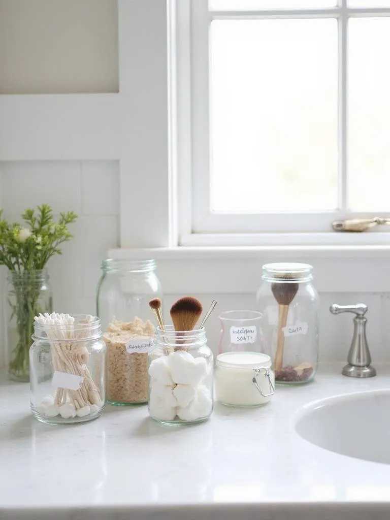 Upcycled glass jars and containers organizing bathroom essentials on a white countertop