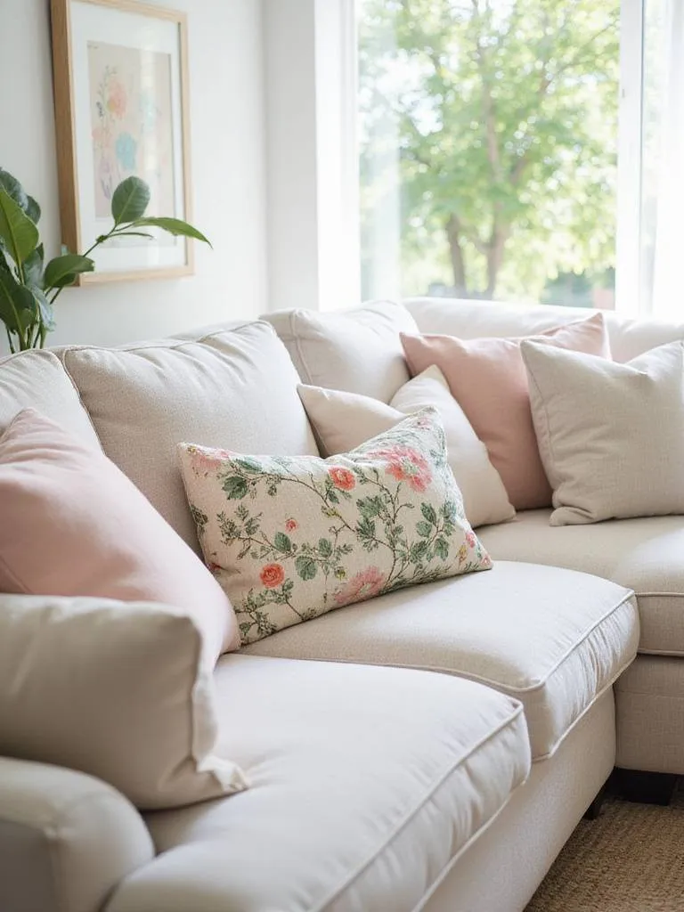 Living room with spring-themed throw pillows on a neutral sofa.