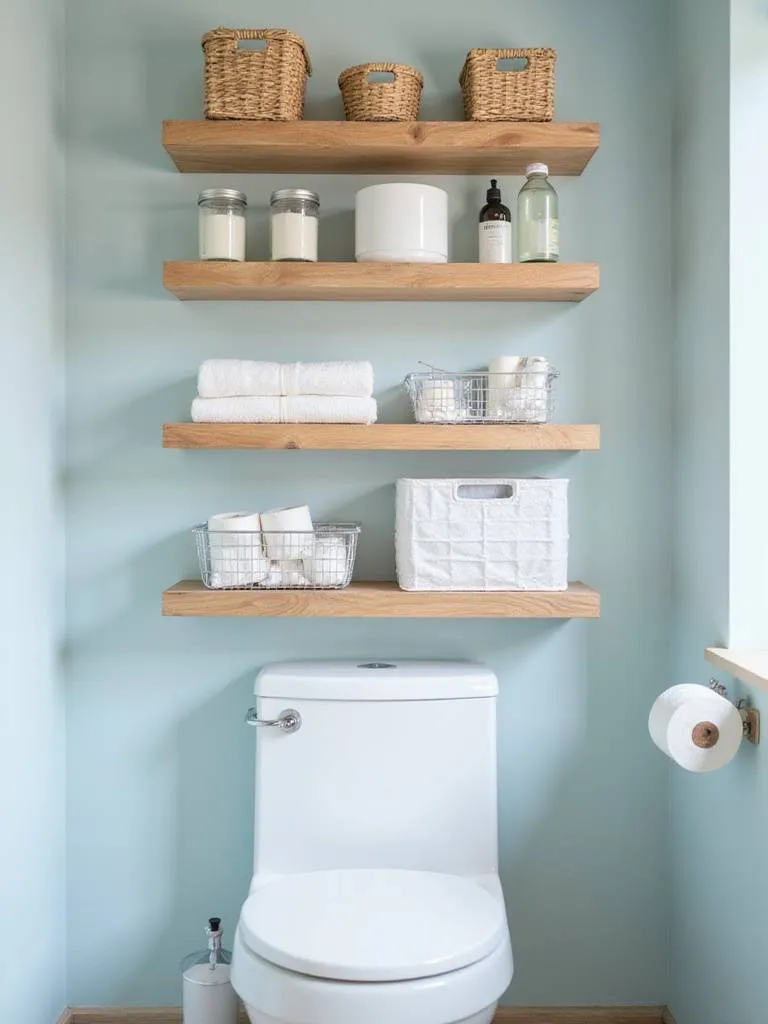 Bathroom shelves installed over a toilet, showcasing various storage baskets and bins used for organizing toiletries, towels, and other bathroom items.