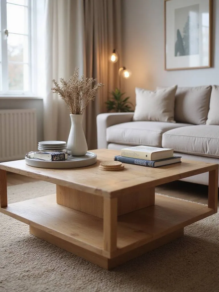 Modern living room featuring a stylishly decorated wooden coffee table with books, a vase, and a tray.