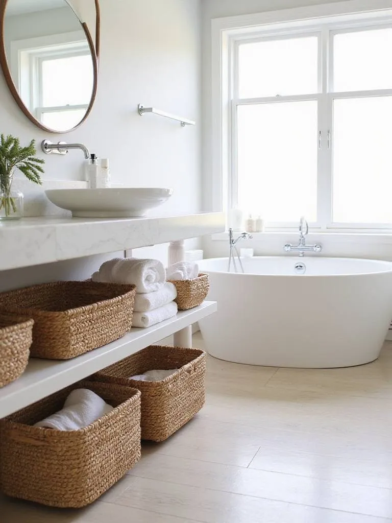 Bathroom featuring natural seagrass and wicker baskets for stylish and eco-friendly storage.