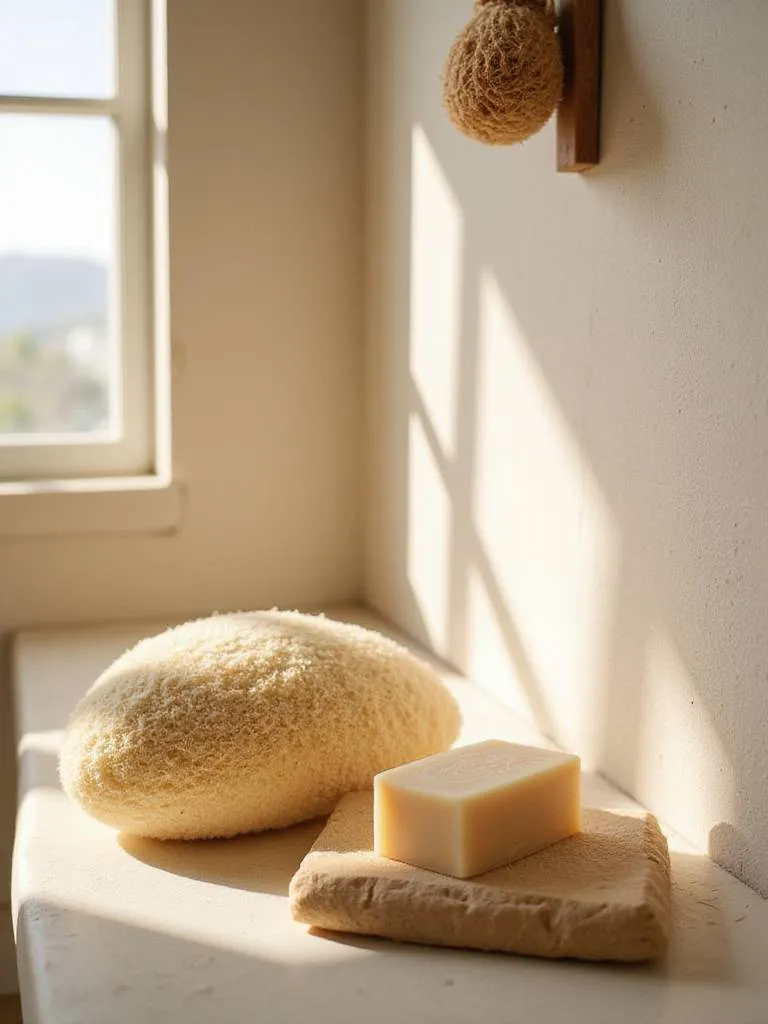 Natural sea sponge and loofah for eco-friendly bathing in a serene bathroom setting