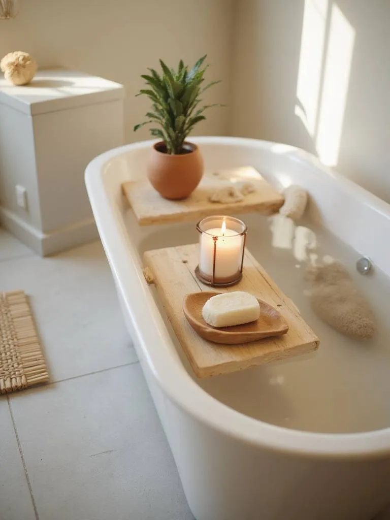 Wooden bath tray, bamboo bath mat, and wooden soap dish in a serene bathroom setting.