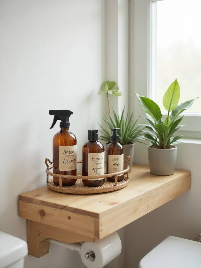 Eco-friendly bathroom cleaning caddy with plant-based cleaning products and air-purifying plants.