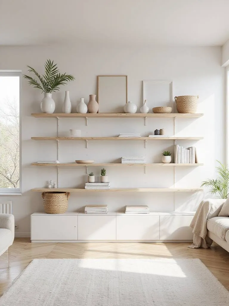 Scandinavian living room with light wood open shelving displaying books, plants, and ceramics.