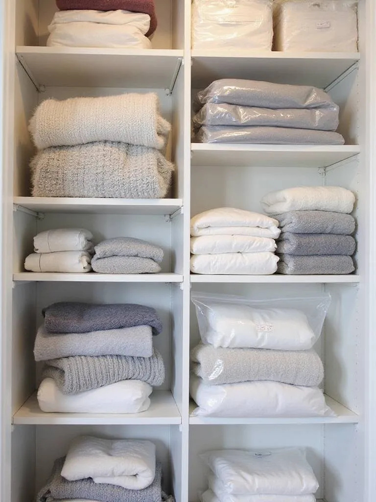 Organized closet with vacuum storage bags containing sweaters and blankets, showcasing space-saving benefits.
