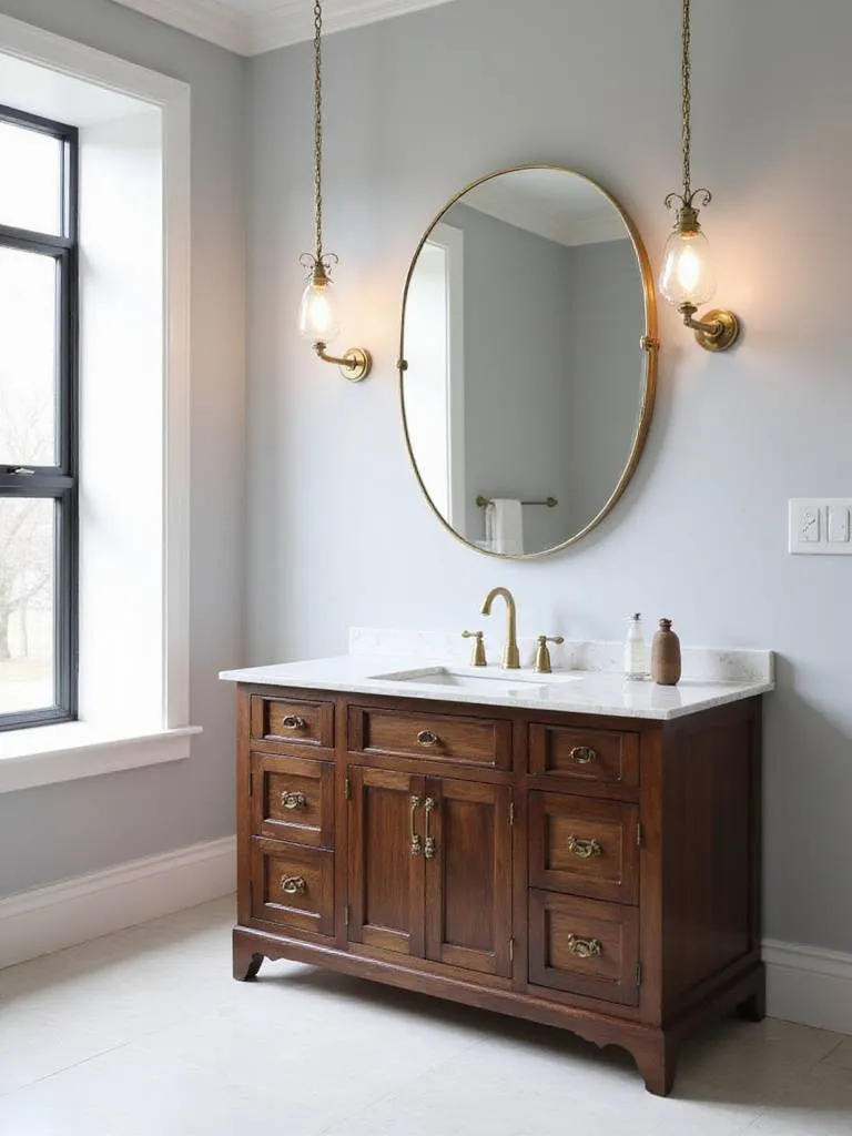 Luxurious bathroom interior with a dark walnut vanity as the focal point.