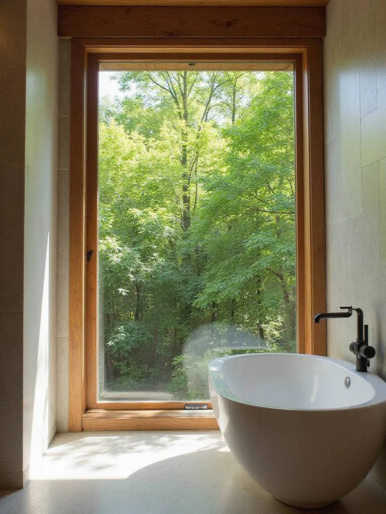 Modern bathroom with open window providing natural ventilation and light