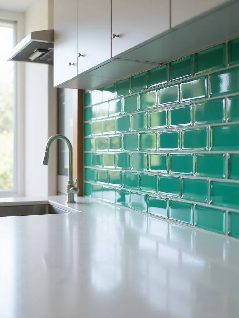 Modern kitchen with vibrant emerald green glass tile backsplash