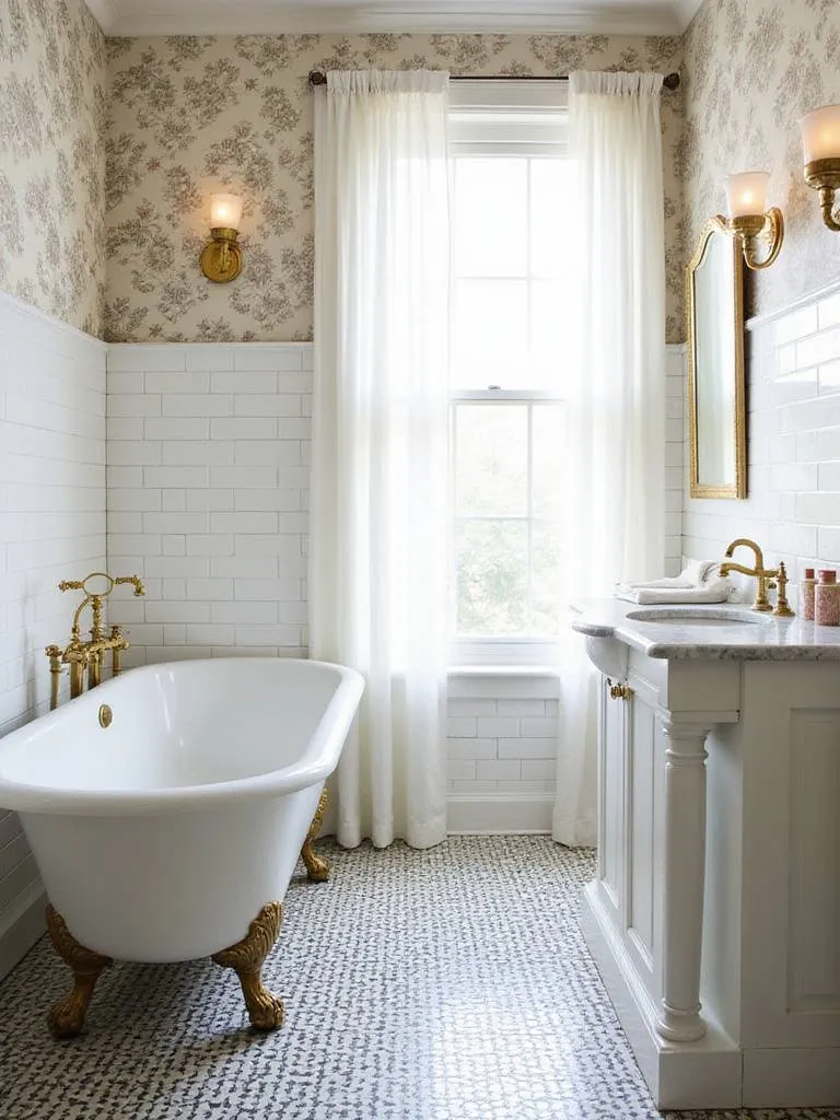 Vintage bathroom interior featuring a clawfoot tub, pedestal sink, and subway tile.