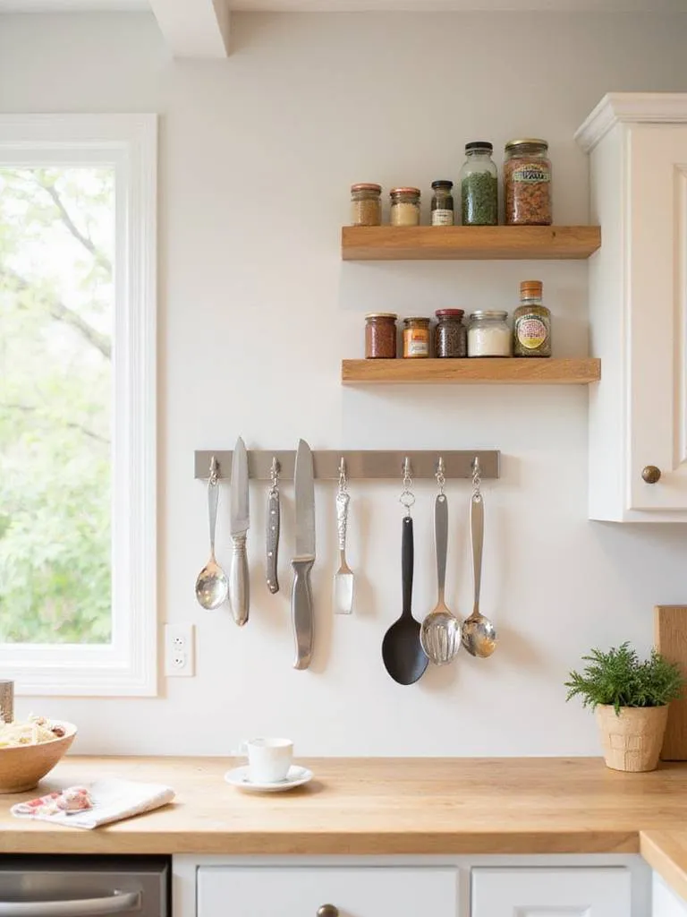 Small kitchen with wall-mounted knife strip, utensil rack, and spice shelves.