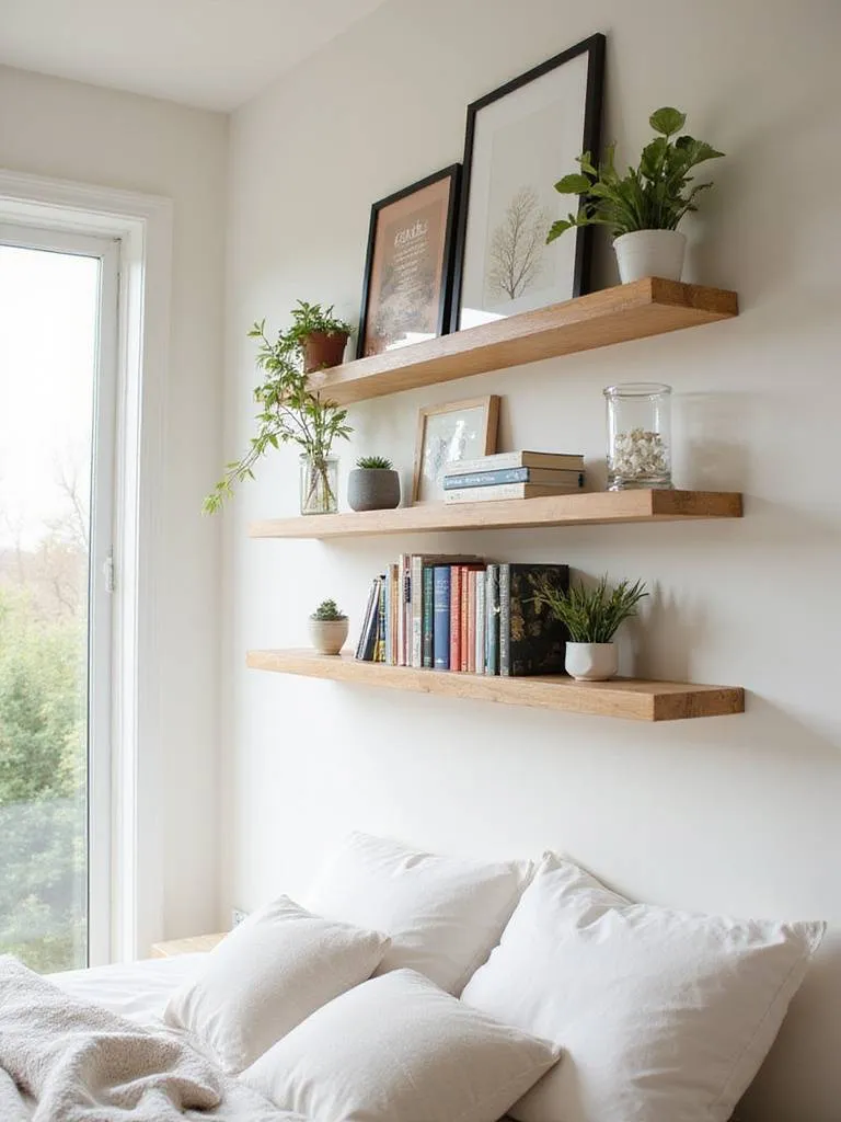 Modern bedroom featuring light wood floating shelves with books, plants, and decor.