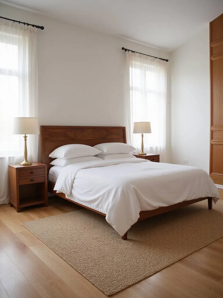 Master bedroom with warm wood accents and textures, including a walnut headboard and oak flooring.
