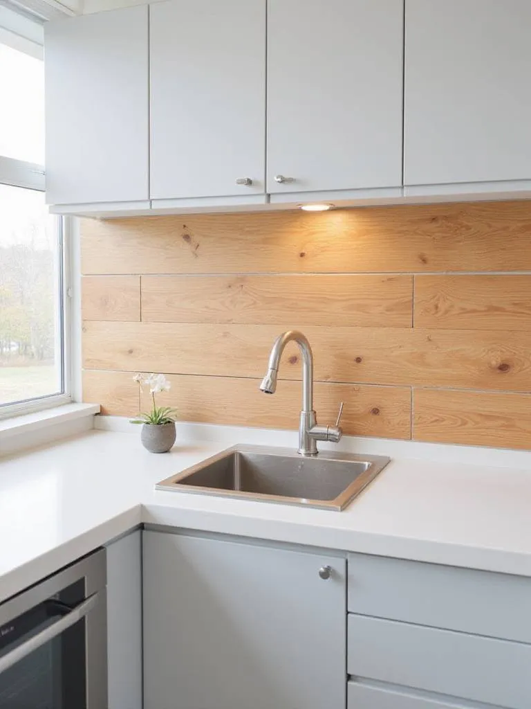 Modern kitchen with warm wood plank backsplash
