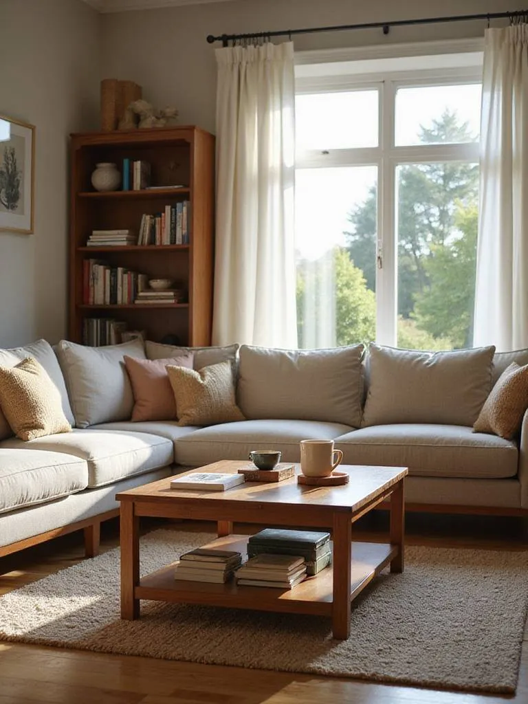 Cozy living room with warm wood furniture including an oak coffee table and walnut bookshelf.