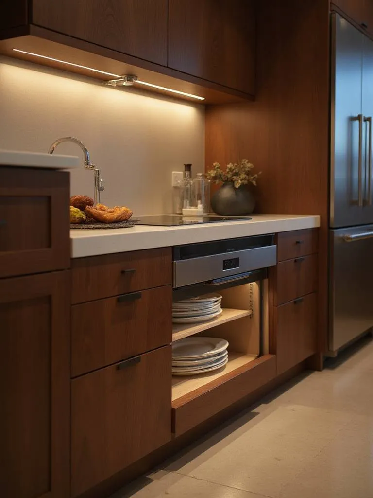 Warming drawer integrated into luxury kitchen cabinetry