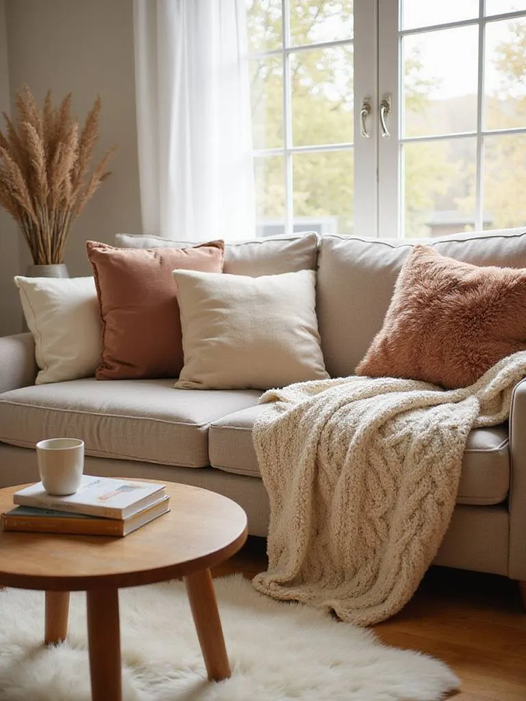 Cozy living room with plush textiles, including faux fur rug, velvet pillows, and chunky knit blanket.