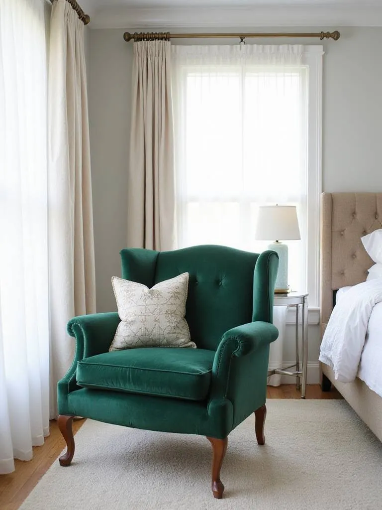 Bedroom featuring a vintage emerald green velvet armchair as a key accent piece.