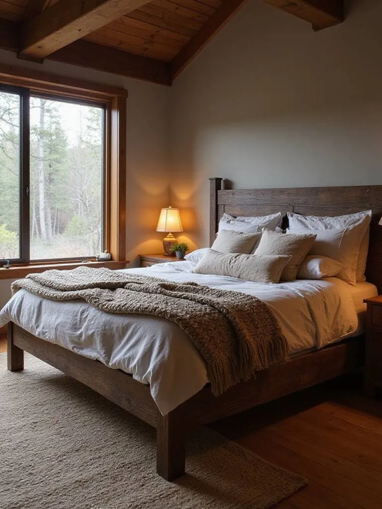 A rustic bedroom with a dark wood bed frame, layered natural bedding, a wooden nightstand, and a window view, creating a cozy atmosphere.