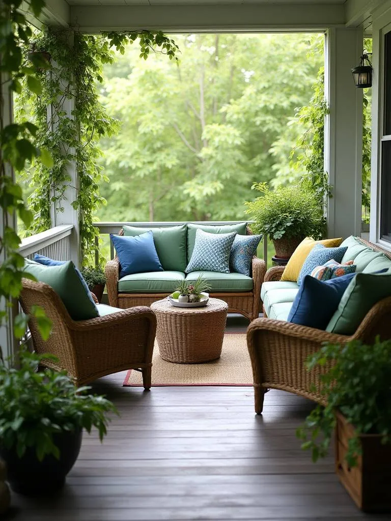 Comfortable back porch seating with colorful outdoor pillows and cushions.