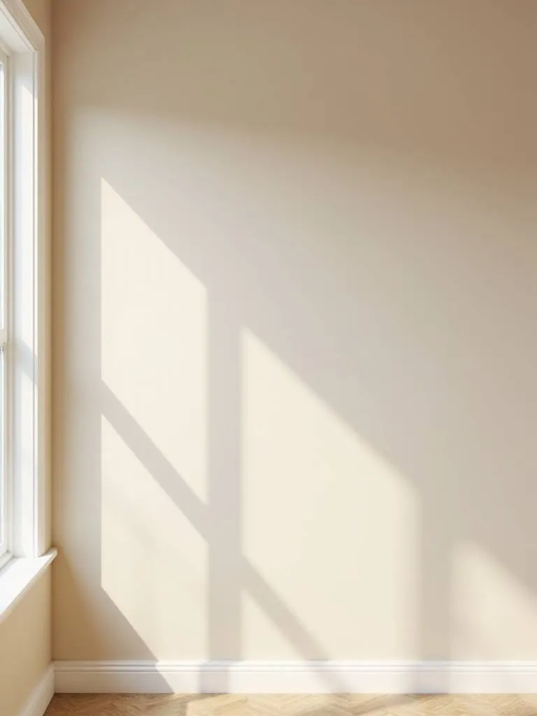Beige bedroom walls with crisp white baseboards and trim, creating a clean, serene look.