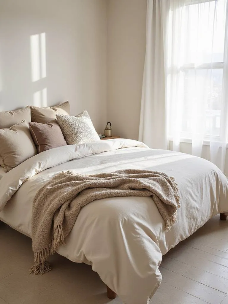 Layered beige bedroom bedding with textured throws and decorative pillows for a cozy, serene retreat.
