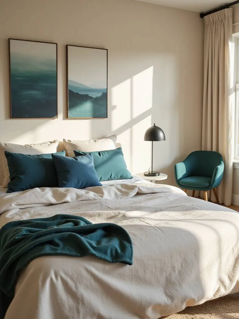 Beige bedroom with navy and teal color pops on bedding and art, adding depth and visual interest.