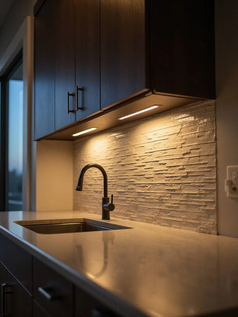 Modern kitchen with accent lighting highlighting decorative backsplash and features