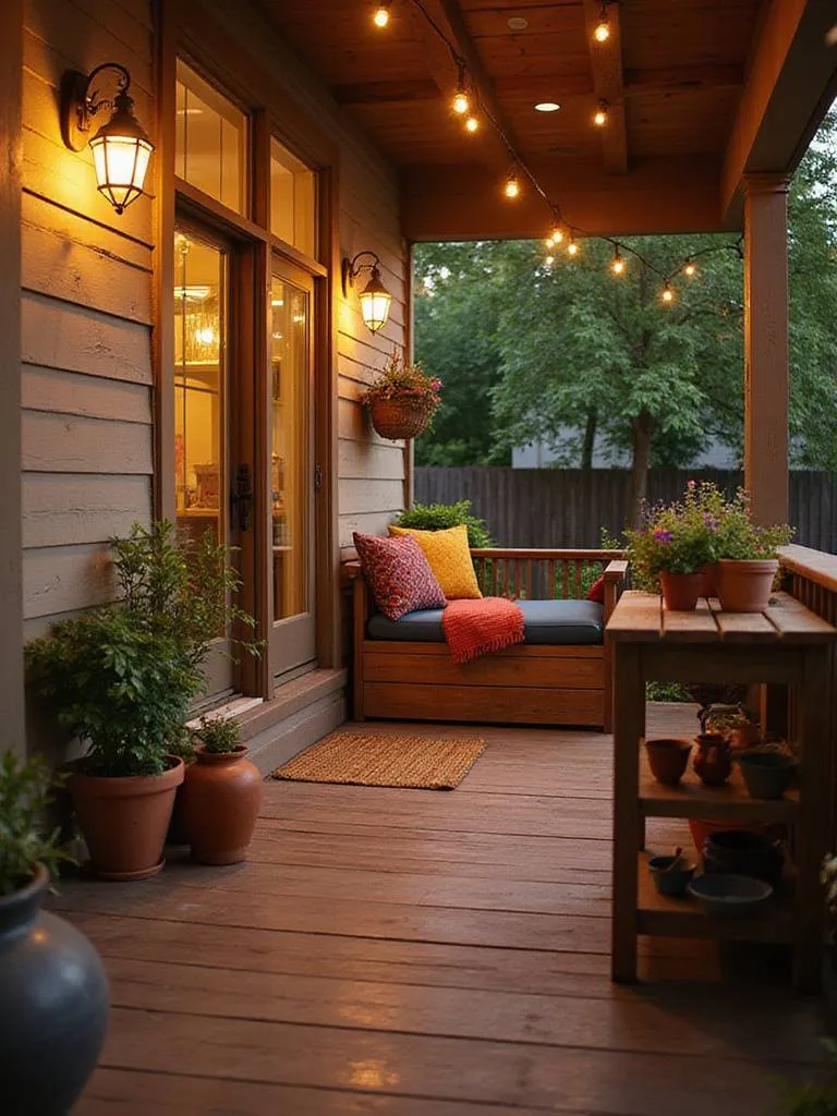 Well-organized back porch with deck box and potting bench for functional storage.