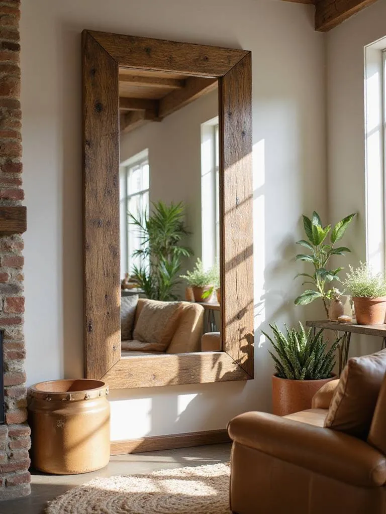 Cozy rustic living room featuring a large wood-framed mirror reflecting natural light
