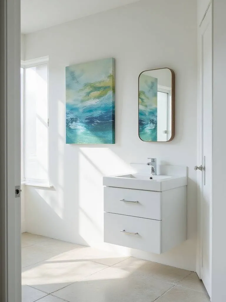 Modern bathroom featuring a colorful abstract canvas print hung above a floating vanity, adding personality to the space.