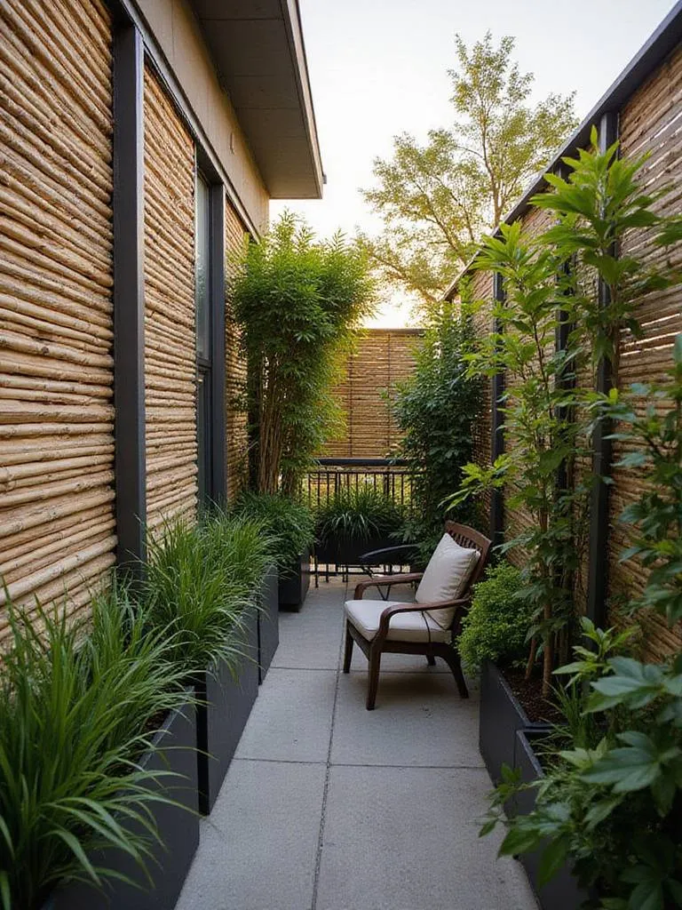 Small balcony design featuring bamboo privacy screens and tall planters filled with lush green plants, creating a secluded and private outdoor retreat.