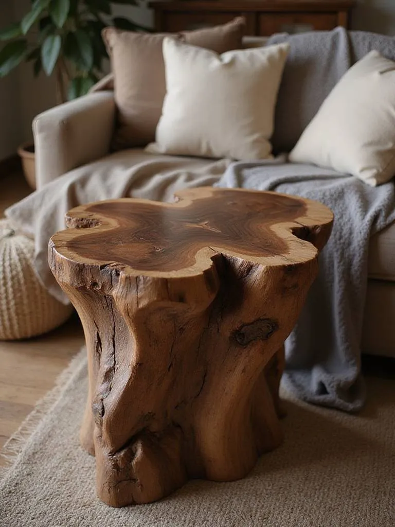 Live edge side table in a rustic living room with warm lighting