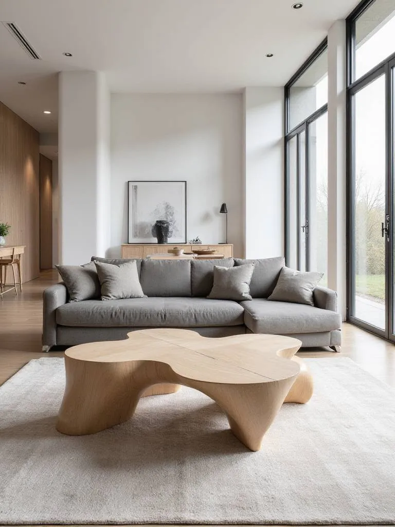 Modern living room with a sculptural organic-shaped wooden coffee table as the focal point.