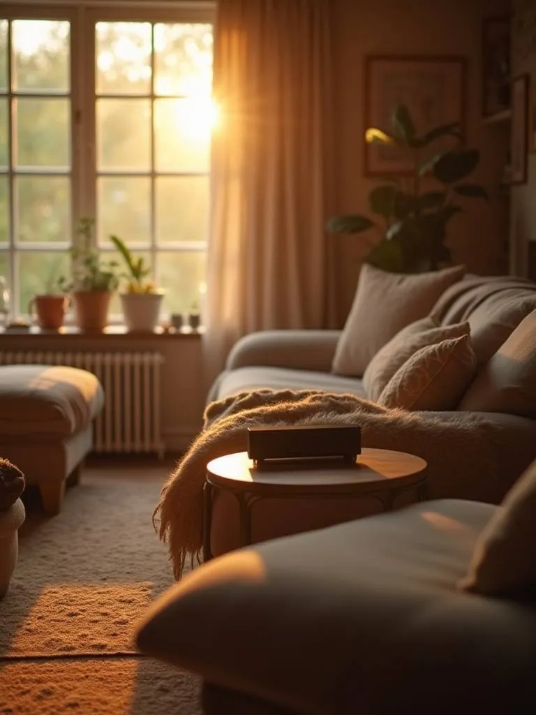A cozy living room bathed in warm light, featuring comfortable furniture and a discreet speaker, suggesting a peaceful atmosphere enhanced by soft ambient sound.
