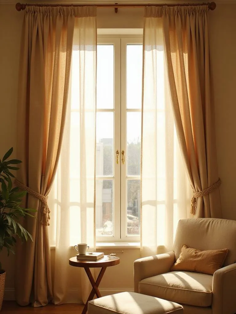 Cozy living room corner with a large window featuring soft, flowing beige linen curtains filtering warm sunlight.
