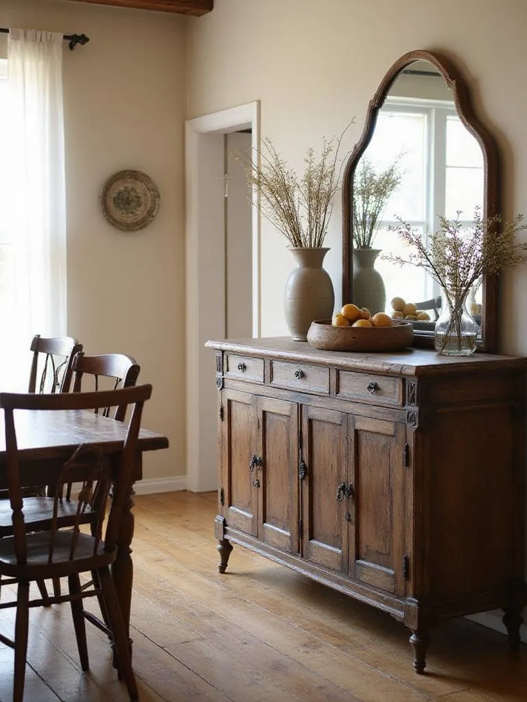 Rustic dining room with distressed wood sideboard displaying vintage decor.