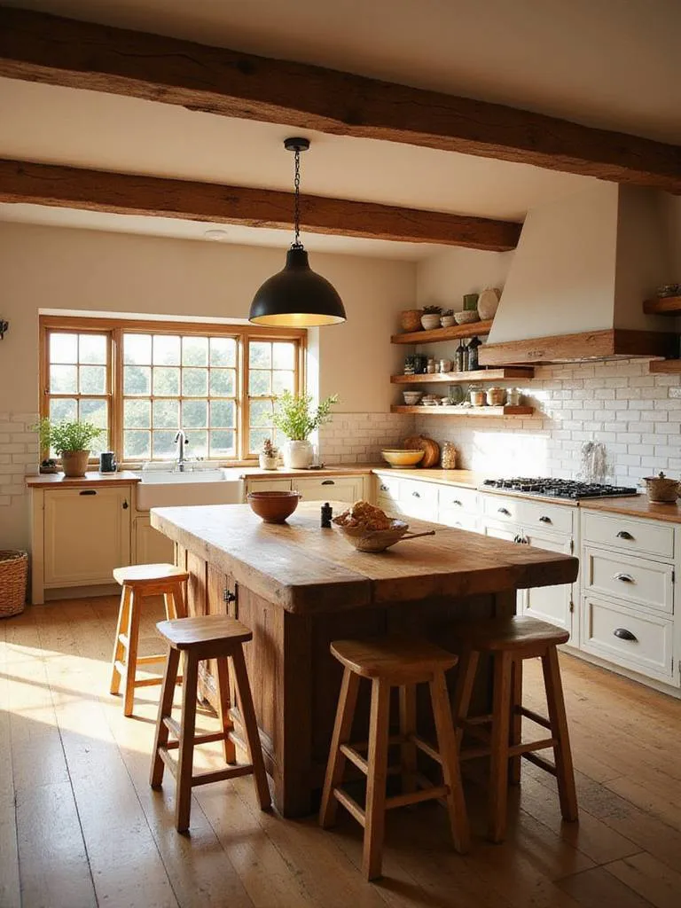 A cozy farmhouse kitchen showcasing exposed wooden beams, a large wooden island with a butcher block top, and wooden stools, highlighting the warmth of wood accents.