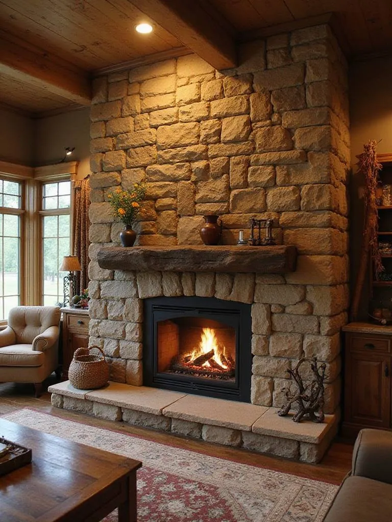 Cozy rustic living room with a stone fireplace surround.