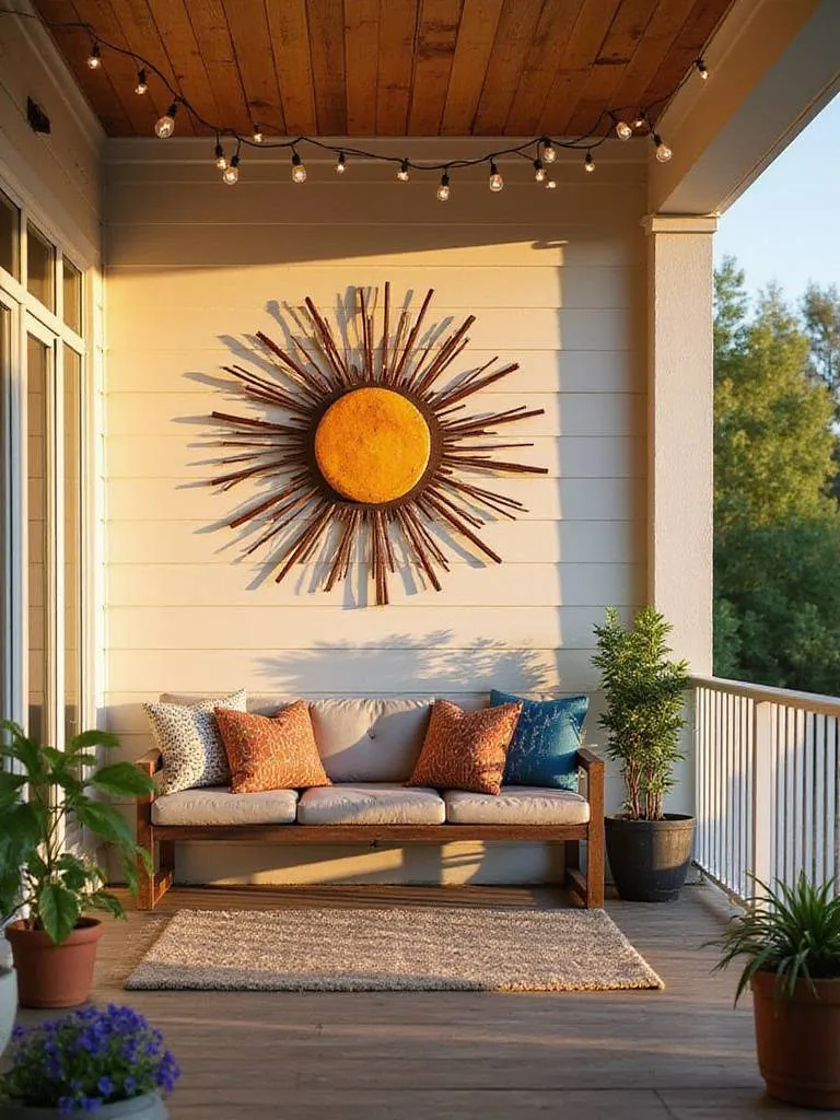 Back porch with comfortable seating and a metal sunburst wall sculpture