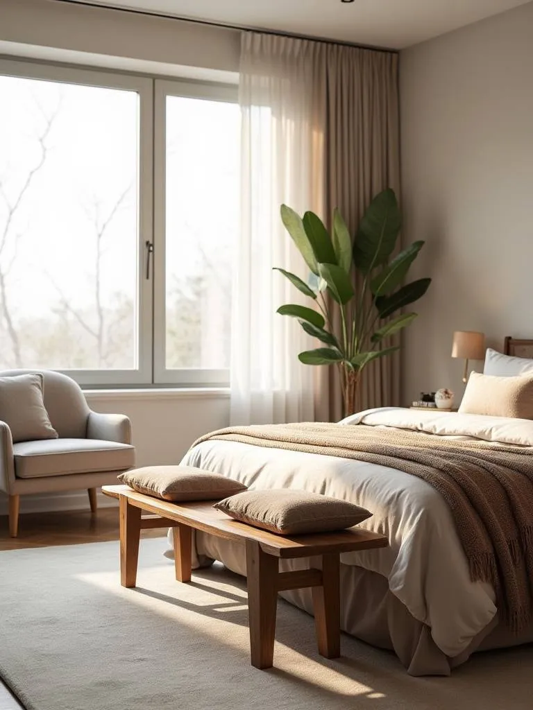 Bedroom interior featuring a comfortable armchair and a stylish wooden bench