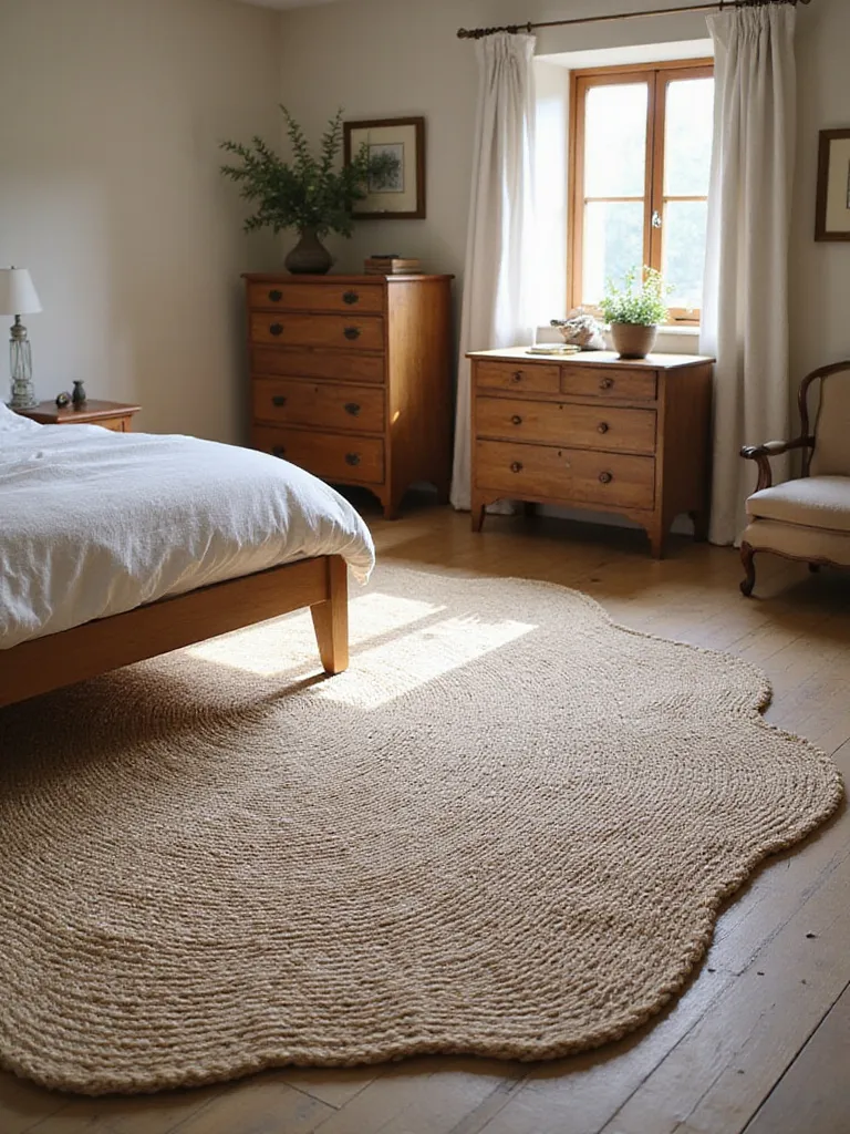 Large braided area rug partially under a bed in a rustic bedroom, adding natural texture and warmth.