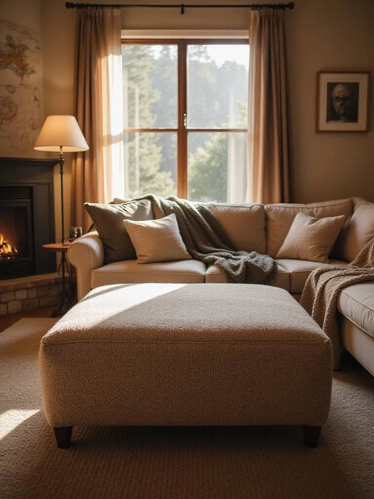 Cozy living room scene with a large, comfortable sofa and a textured ottoman in front, bathed in warm light, creating an inviting space for relaxation.