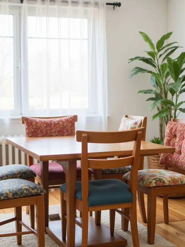 Dining room chairs with comfortable cushions and pads in various colors and patterns.