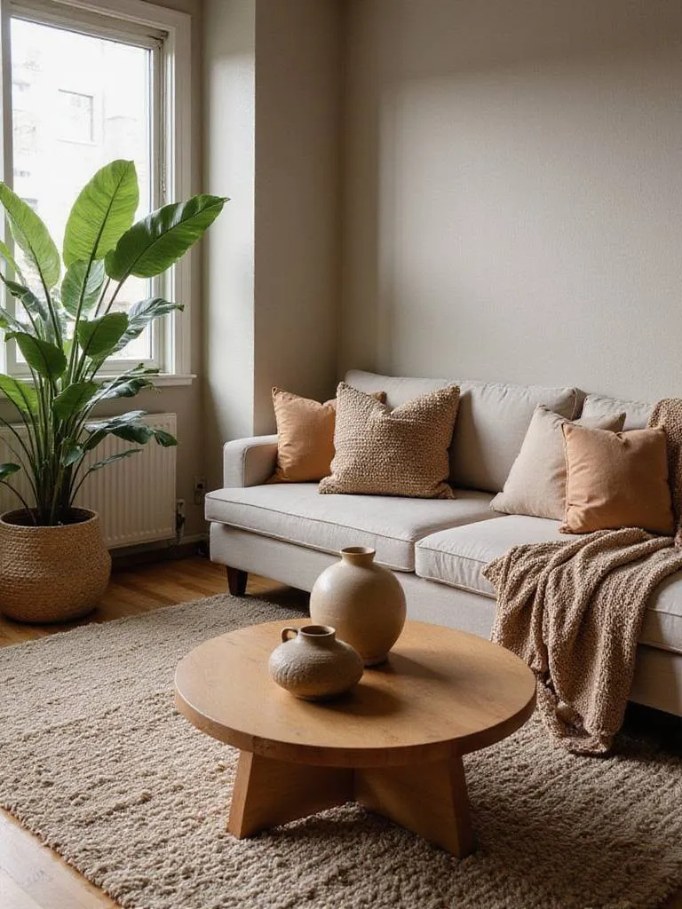 An apartment living room featuring a variety of textures, including a textured rug, velvet and knit pillows on a sofa, a wooden coffee table, and a potted plant, creating a cozy and inviting atmosphere.