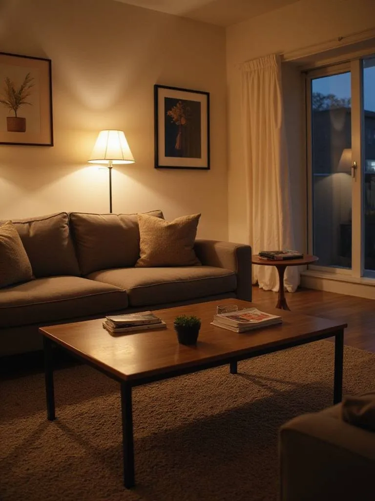 A stylish apartment living room featuring a coffee table and side tables arranged around a sofa, showcasing functional surfaces and decorative styling.