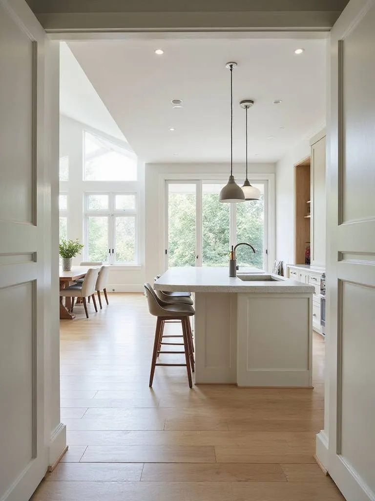 Modern kitchen design featuring a light-colored peninsula extending from the main counter, providing extra workspace and seating with two bar stools. The peninsula separates the kitchen from the dining area in an open-concept layout.