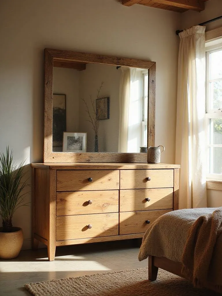 Large rectangular mirror with a distressed reclaimed wood frame hanging above a wooden dresser in a rustic bedroom.